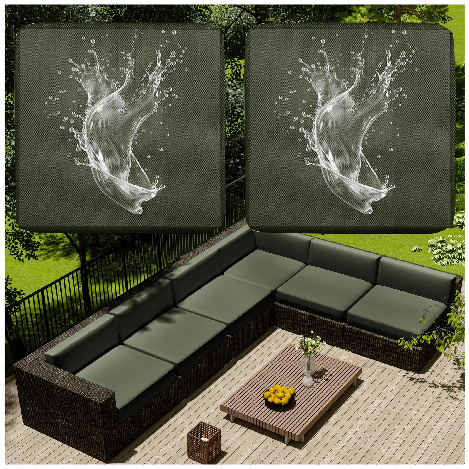 1/2/4 Pcs Patio Cushion Covers Waterproof – Outdoor Rattan Furniture Cushion Replacement Slipcovers with Zipper for L-Shaped Garden Sofa or Corner Couch (Khaki green,50x50cm 2 pcs)