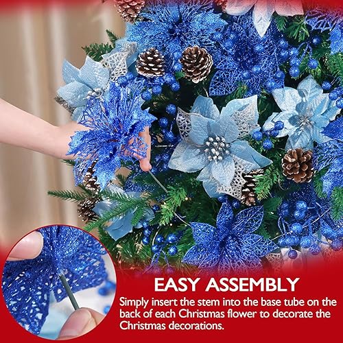 Miniatura 3 de Hommtina 56 piezas de decoraciones de Navidad, 4 estilos de flores de Pascua artificiales, bayas con purpurina, tallos de árbol con piñas y tallos