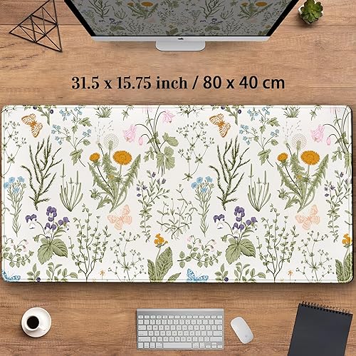 Miniatura 3 de Alfombrilla de escritorio con diseño floral seco y a presión, color beige neutro, verde salvia, XXL, grande, extendida, para juegos, 31.5 x 15.75