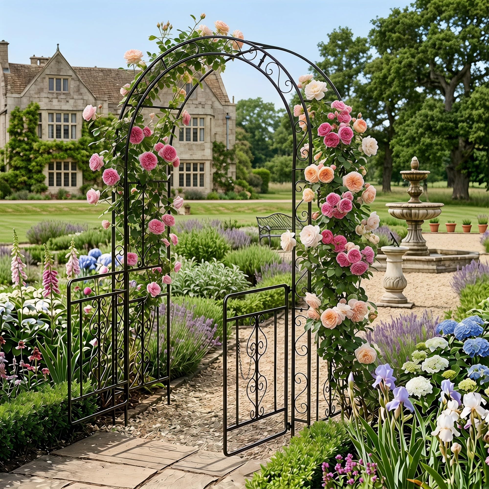 GYMAX Arche de Jardin Extérieure en Métal, Support pour Plantes Grimpantes | Double Portillon Verrouillable, pour Rosiers et Vignes, Décoration pour Pelouse Allée Mariage Fête, 135 x 60 x 213 cm