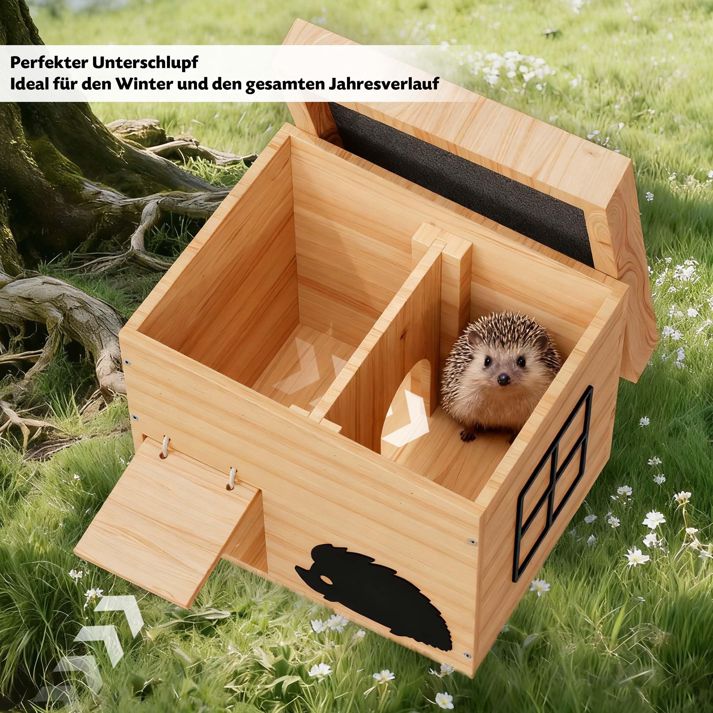 Mihoho Igelhaus Winterfest aus Holz, Igelhotel mit Boden, wetterfest, Winterquartier für Igel, Bausatz (Buche)