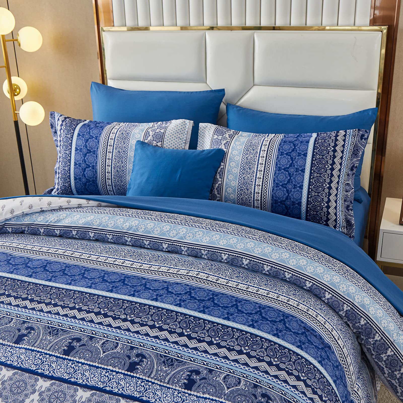 WONGS BEDDING Bohemian Double Duvet Cover Set Royal Blue Colorful Boho Striped Bedding Set including 2 Pillowcases Soft Microfiber Moroccan Quilt Cover 200x200cm - Image 4