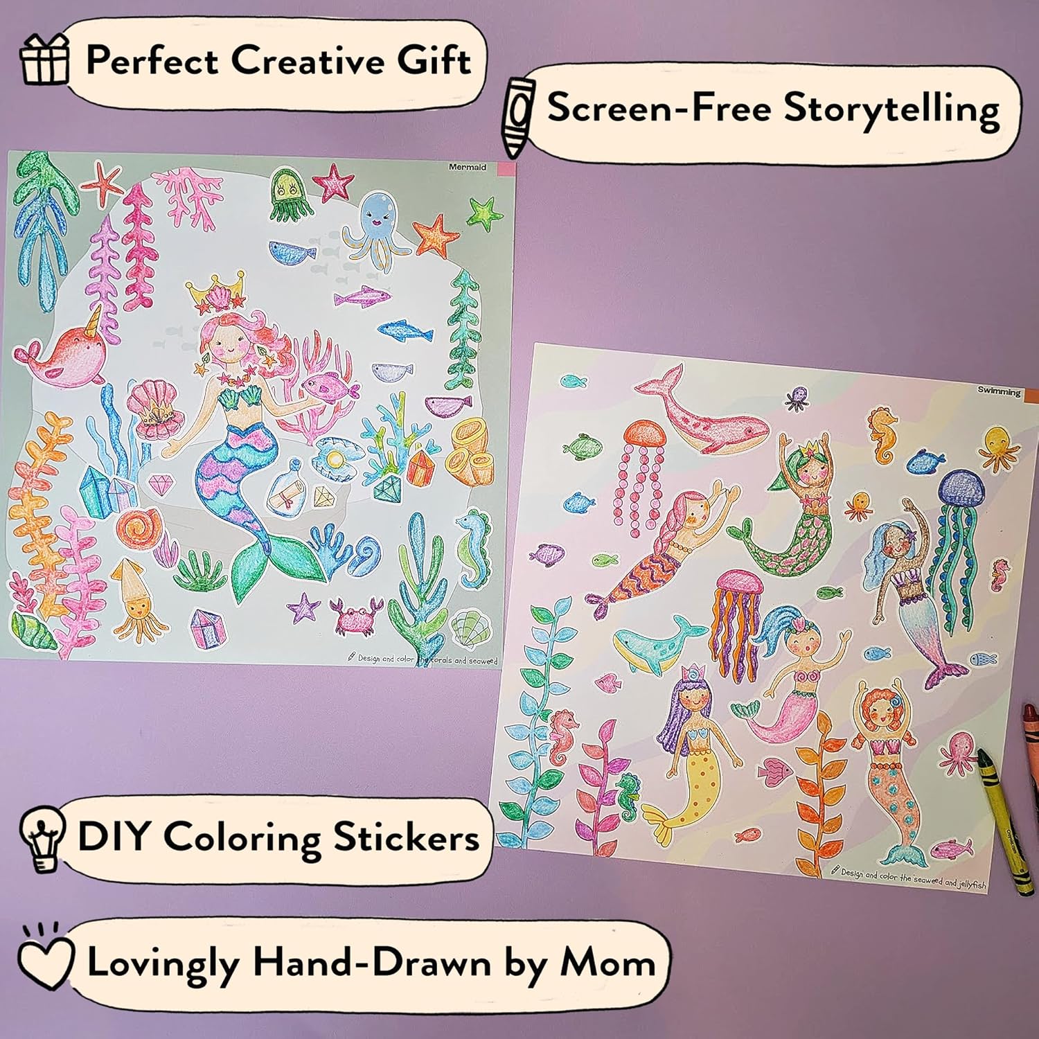 Together Art Mermaid Color Your Own Storytelling Sticker Kit – Coloring Your Own Stickers & DIY Storytelling Sticker Set for Kids 4-10 – Hand-Drawn Undersea Scenes – Designed & Assembled in USA