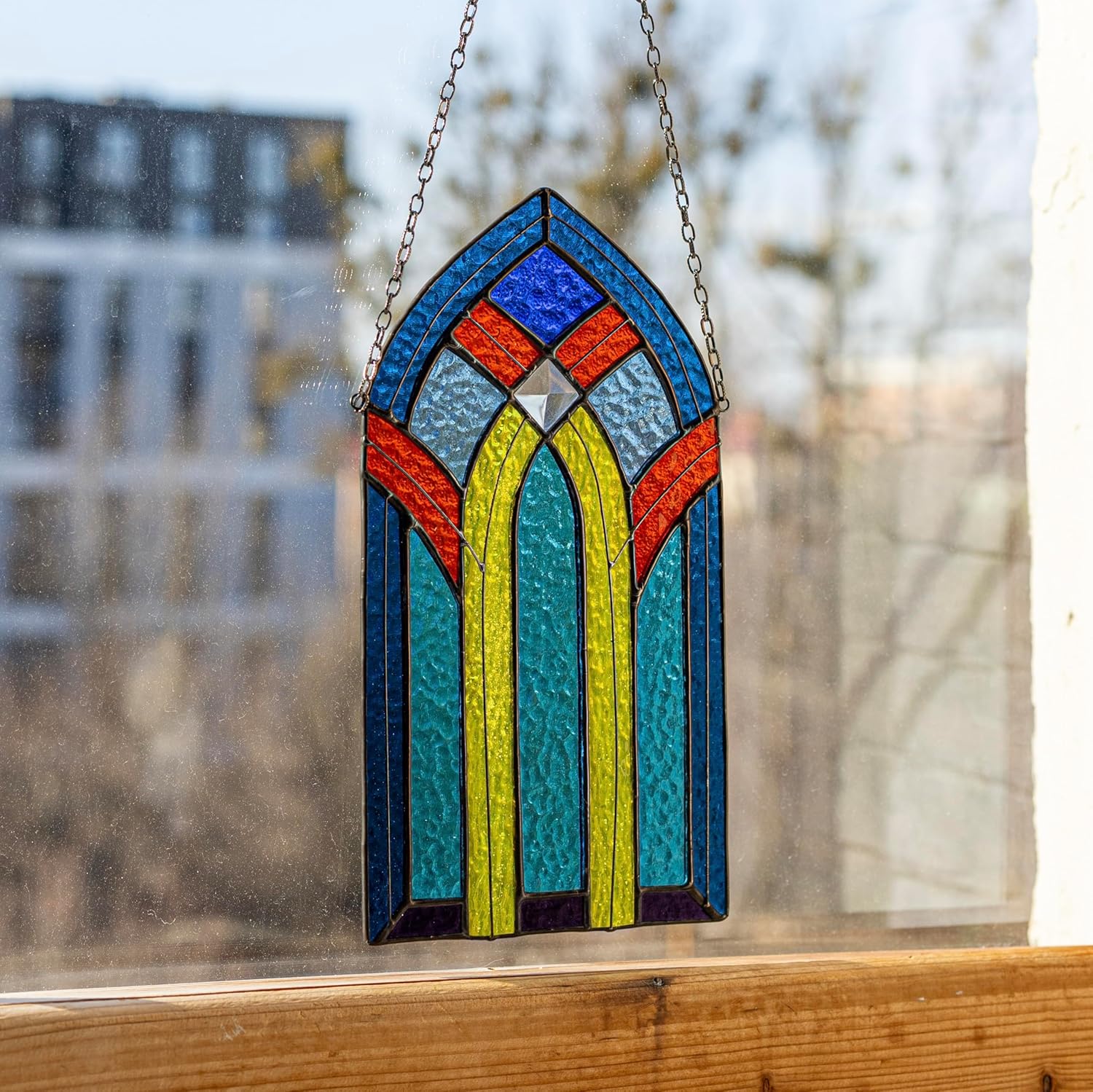 Gothic Arch Stained Glass Window Panel – Vibrant Suncatcher & Unique Home Decor – Handmade Glass Art, Perfect for Mother’s Day or Housewarming Gifts (Blue)
