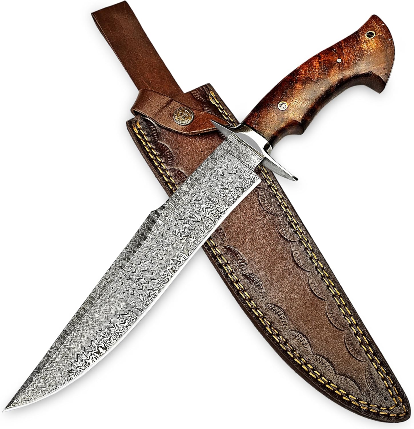 OCEAN KNIFE 15"" Inch Handmade Bowie Knife with Leather Sheath - Full Fixed Blade Hunting Knife - Damascus Steel Bolsters Ram Horn Handle, Black Silver