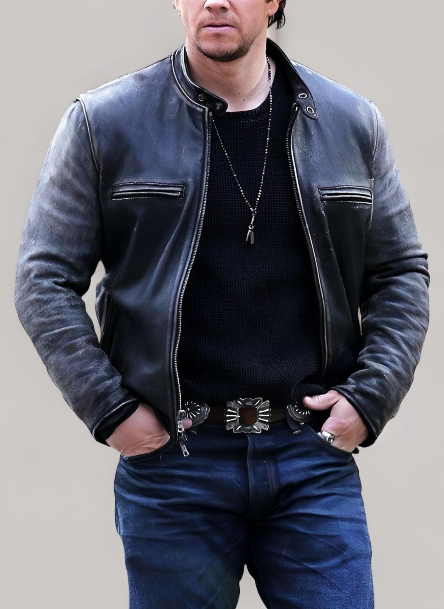 Mark Wahlberg Daddys Black Home Dusty Cafe Racer Genuine Leather Distressed Motorcycle Jacket Men