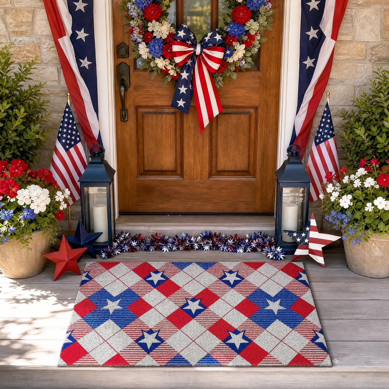 Gifeas 4th of July Patriotic Door Mat, 17x30 Red White Blue Star and Block Welcome Mats with Heavy Duty Backing, Faux Coco Coir Doormat for Independence Day Home Porch Garage Farmhouse Decor