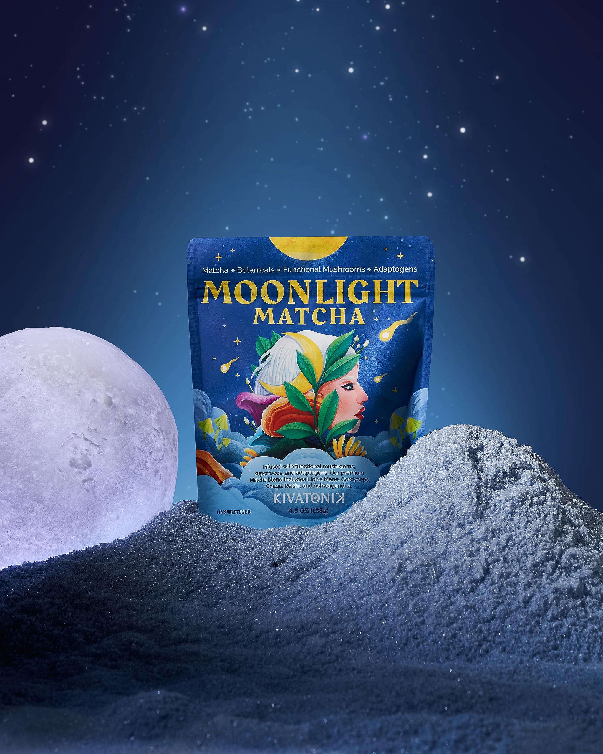 KIVATONIK Moonlight Matcha - Ceremonial Matcha with Organic Functional Mushrooms and Adaptogens - Lions Mane Cordyceps Chaga Reishi — view 3