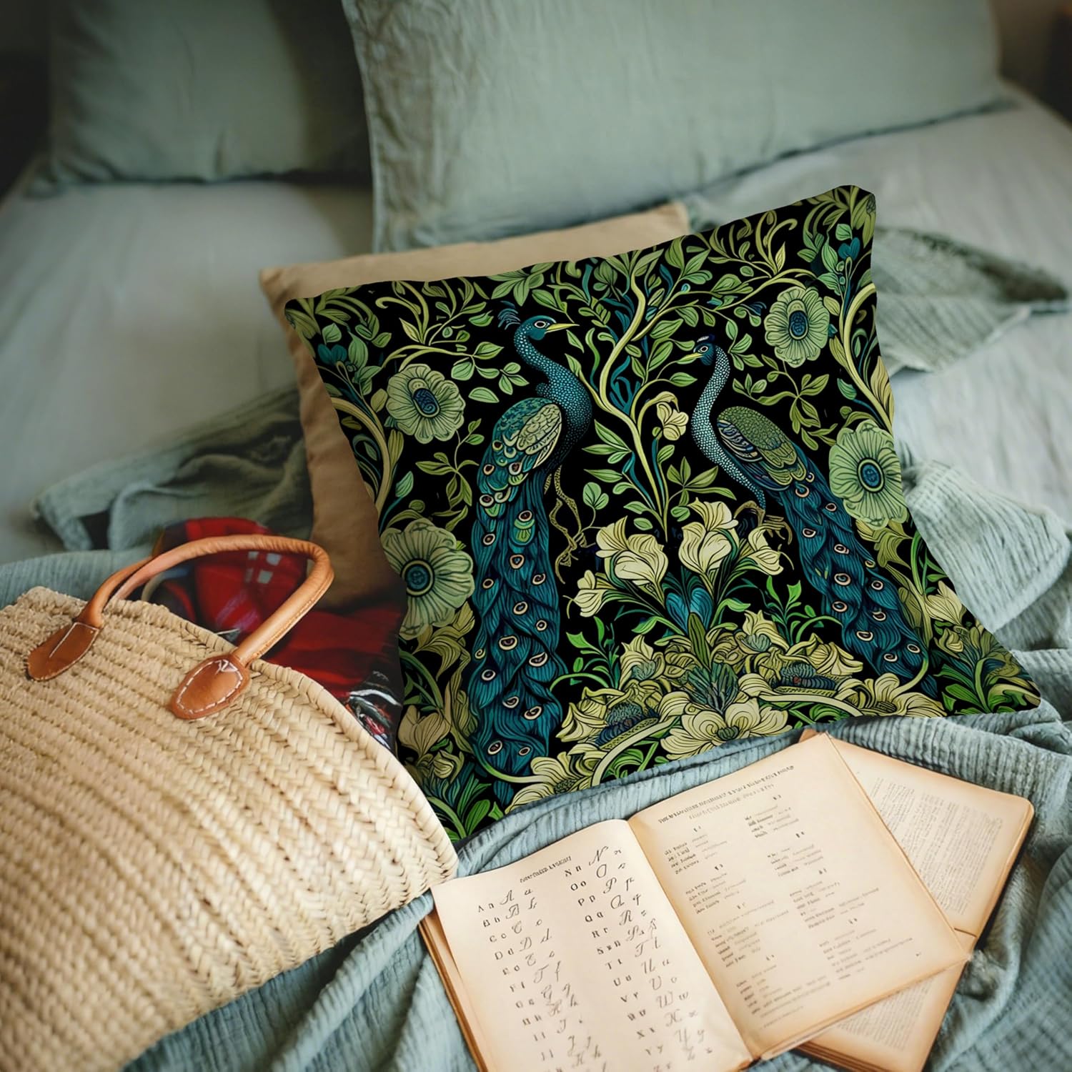 Vintage Dark Green Floral Peacock Pillow Covers 18x18, Peacock Decor, Rustic Cottagecore Botanical Flower Decorative Throw Pillow Covers Pillowcases for Living Room Home Bedroom - Image 6