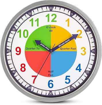 Bernhard Products Colorful Kids Wall Clock Teaching Time Telling Silent Non-Ticking Educational Learning Tool, Colored Numbers for Children Teachers Homeschool and Parents, School Classroom Playroom
