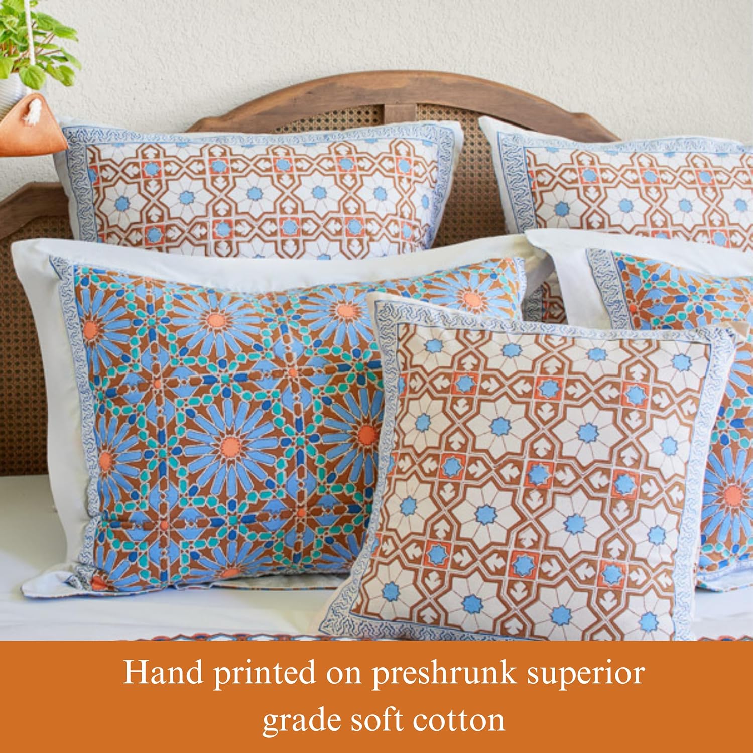 Saffron Marigold 26x26 Euro Sham Cover -Mosaique Bleue Earth - CP Original Design Luxury Hand Printed Cotton - Soft and Chic European Pillow Cushion Case for Bed & Living Room Décor