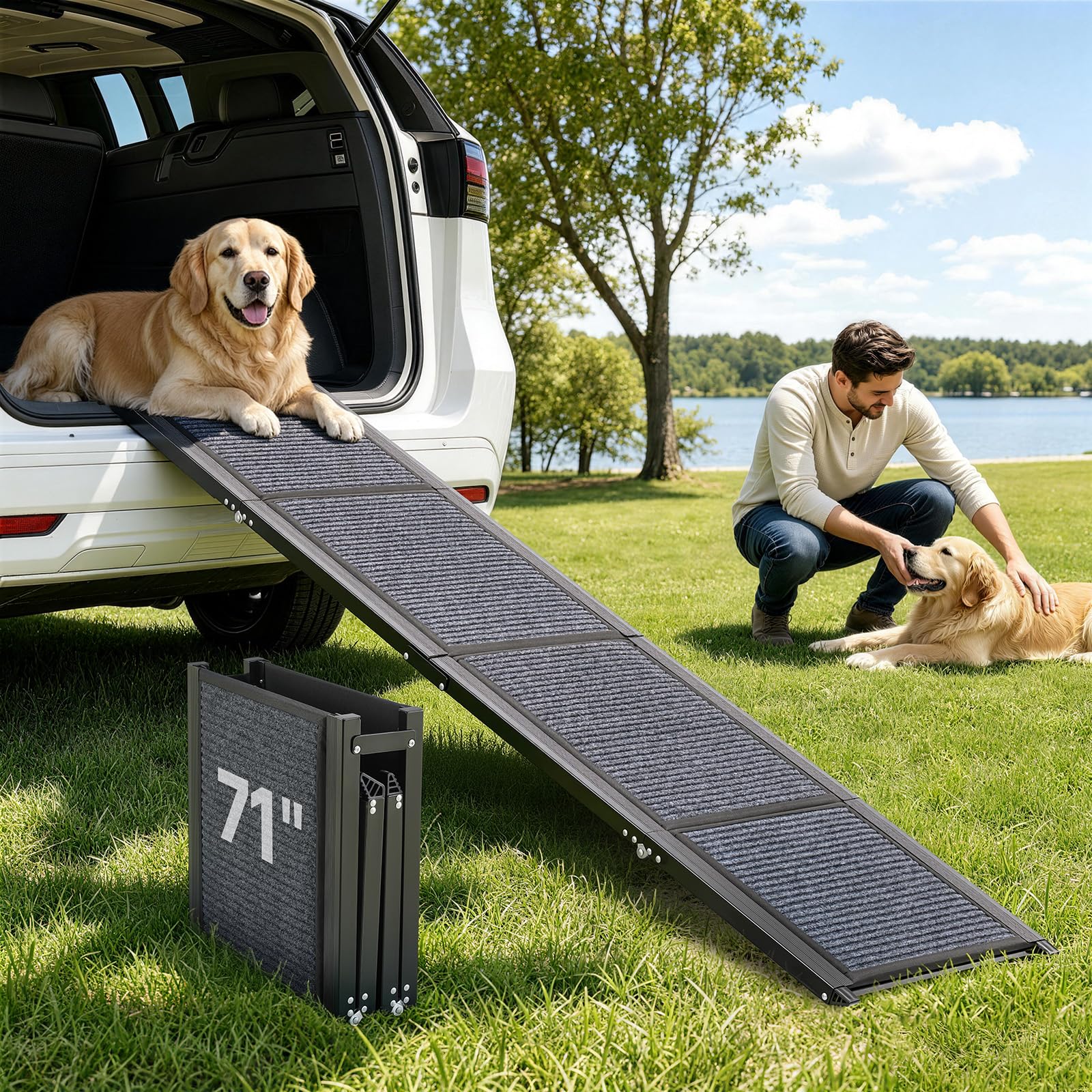VEVOR Hunderampe, 180 x 43,2 cm, Faltbare Hundeautorampe für mittelgroße & große Hunde bis 113 kg, Hundetreppe mit Rutschfester Filzteppichoberfläche, tragbare Einstiegshilfe für SUV & LKW