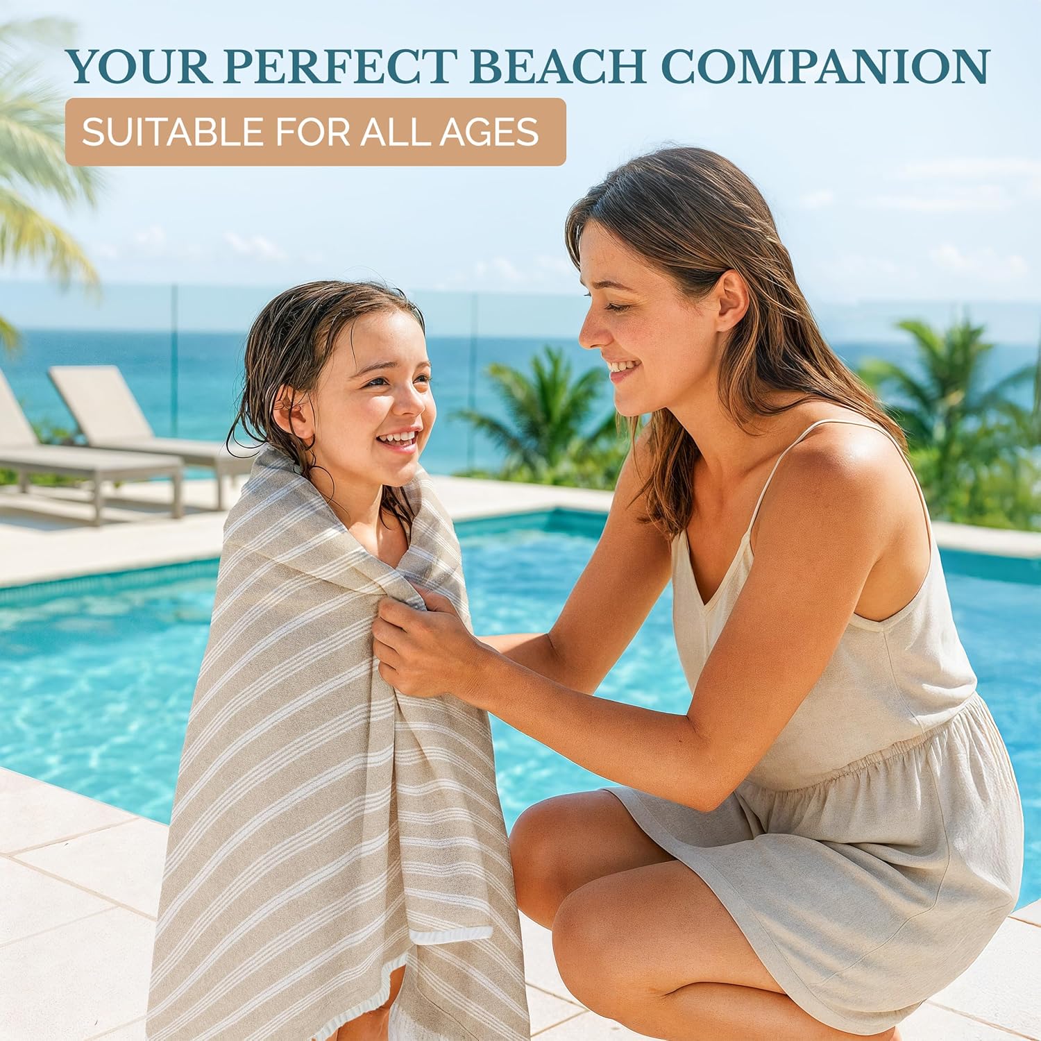 Casa Platino Cotton Beach Towel, Quick Dry Sand Free Turkish-Style - Beige