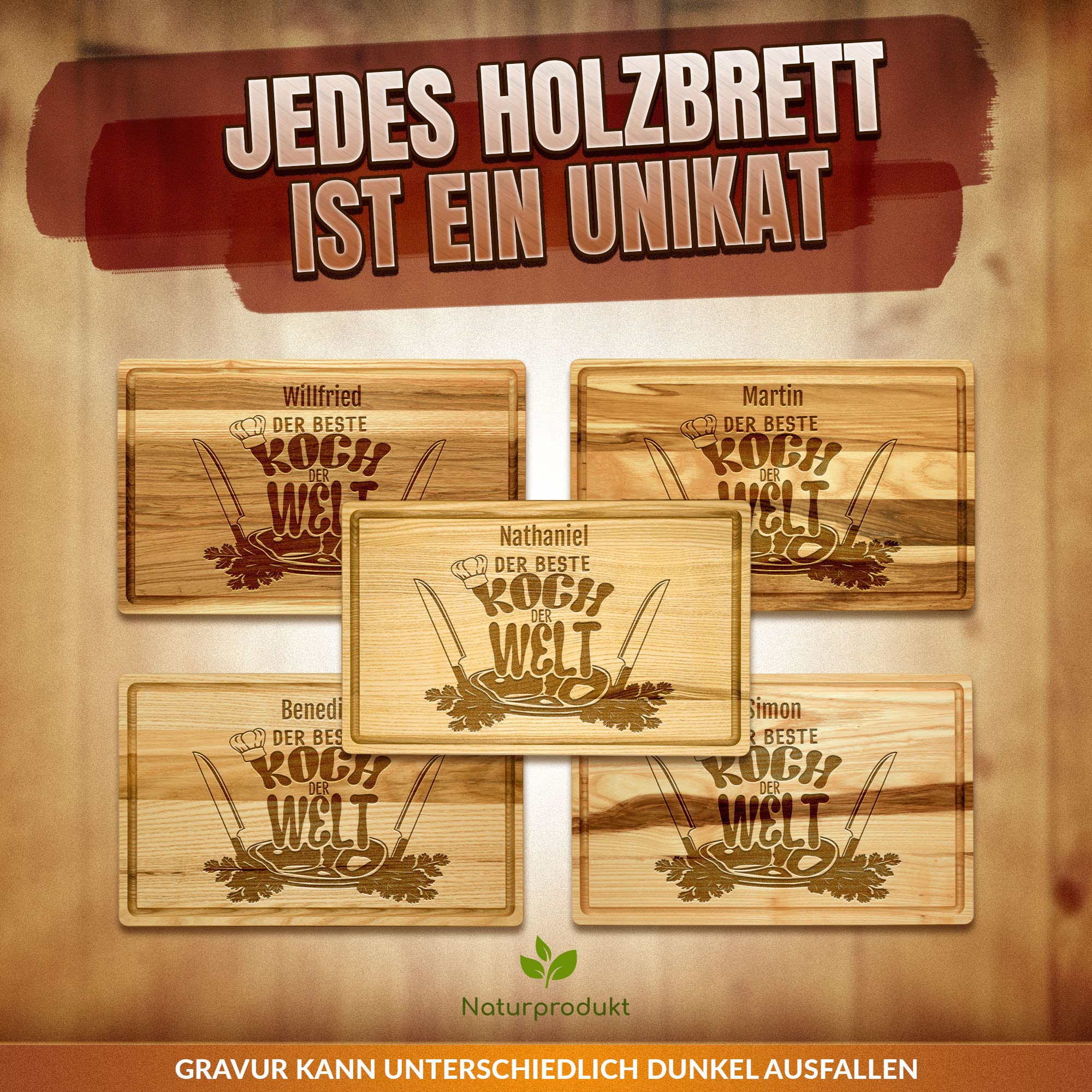 PR Print Royal Großes Holzbrett mit Gravur - Schneidebrett personalisiert - Bester Koch - Geschenke für Hobbyköche zum Geburtstag | Eschenholz, 40 x 25 x 2 cm, personalisiertes Geschenk mit Gravur