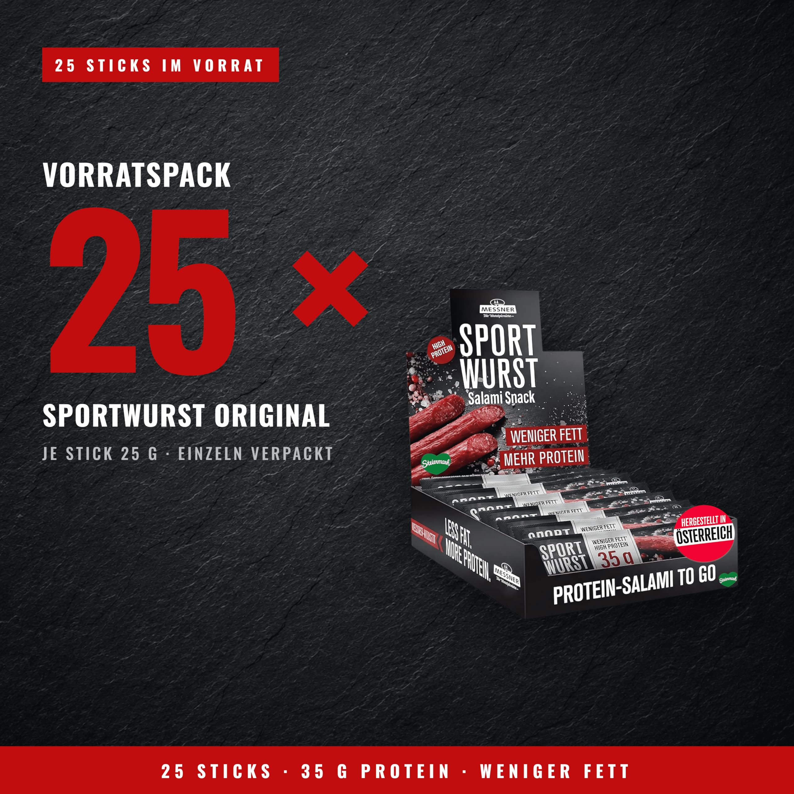 Messner Sportwurst 25x25g (625g) mit 35% Eiweiß und mind. 30% weniger Fett – Pork Snack, Saftig-fleischiger Biss, Zuckerarm – Herzhafte Alternative zu Pork Jerky, Salami Sticks & Protein Bar