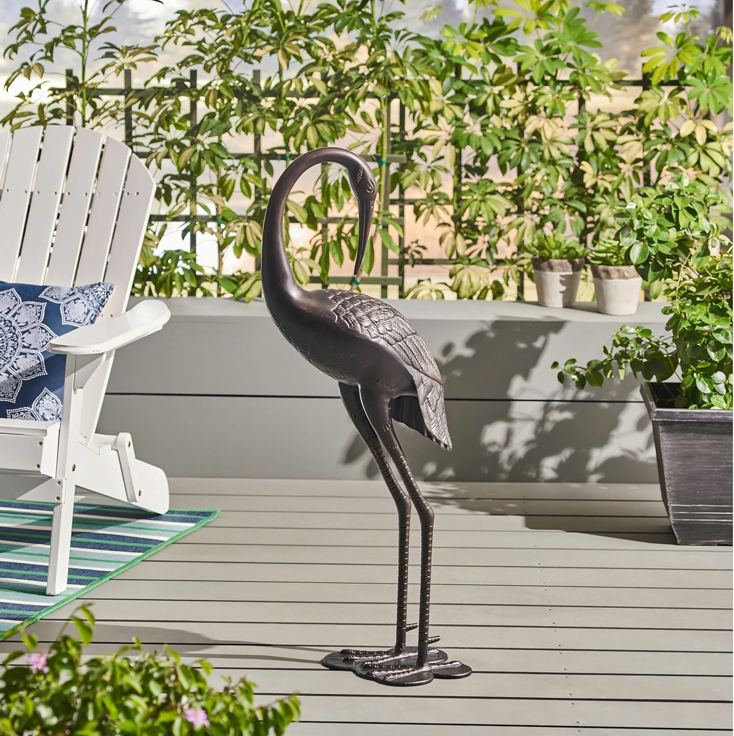 Metal Crane Garden Statue, Cast Aluminum Outdoor Crane Sculpture, Rust-Proof Metal Yard Art Bird Statue for Garden Lawn Patio, Shiny Copper Finish, Antique Bronze