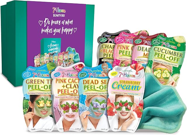 7th Heaven Beauty Box of Treats Gift Pack with 8 Facial Skincare Masks - Includes a Decorated Keepsake Box and Cleansing Face Cloth