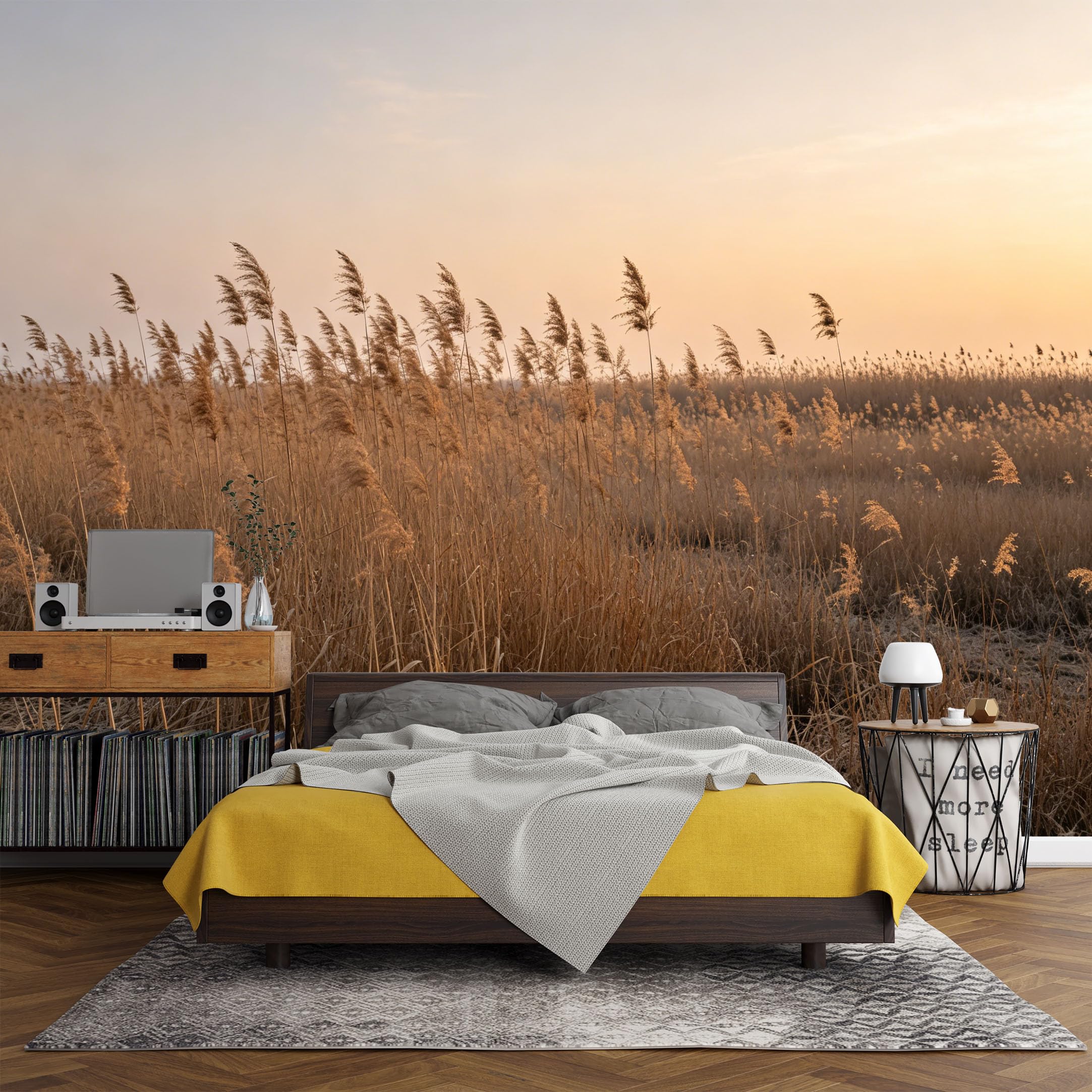 Custom Size Wall Mural， Landscape Golden Reed Sunset Field Horizon Nature Scene，SelfAdhesive Art Prints wall Fabric (No PVC) Removable Wallpaper Living Room Decor