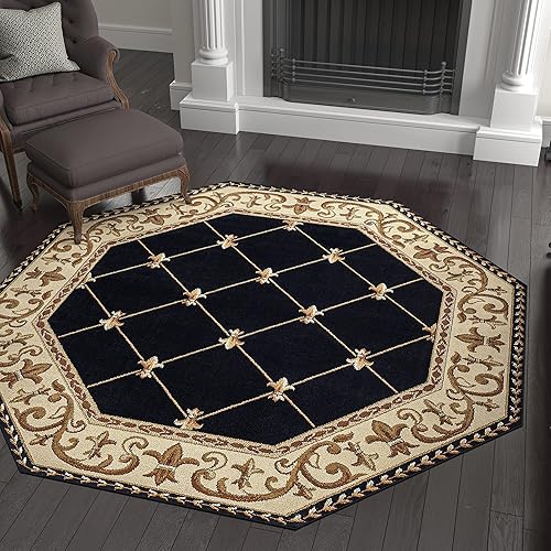 Orleans Traditional Border Black Octagon Area Rug, 5' Octagon