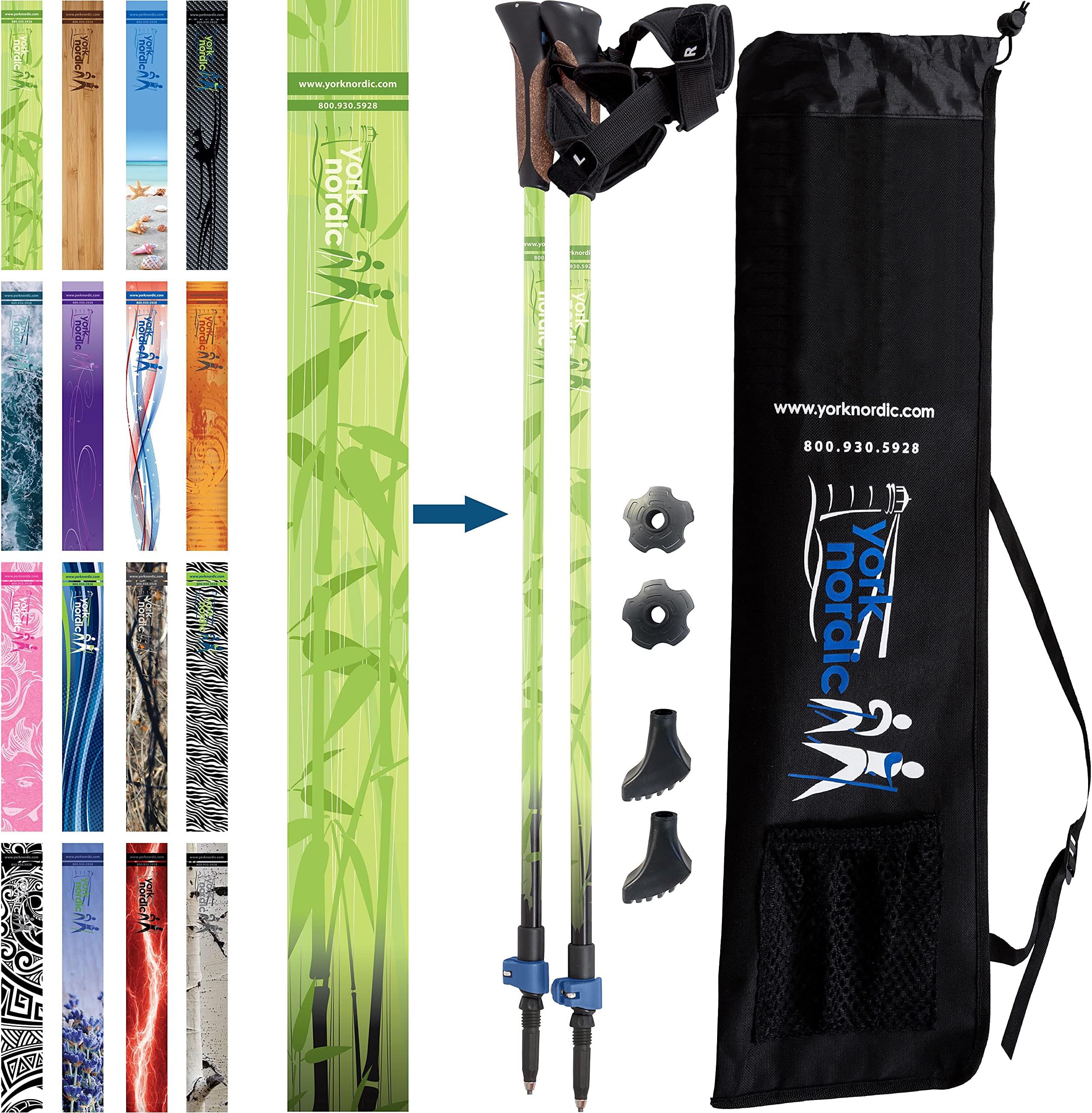 Official Nordic Walking Poles - True Classic Nordic Glove Grips, Lightweight, Adjustable, and Collapsible -2 Pieces w/flip Locks, Detachable Feet and Travel Bag by York Nordic - Heights 5'4"-6'2"
