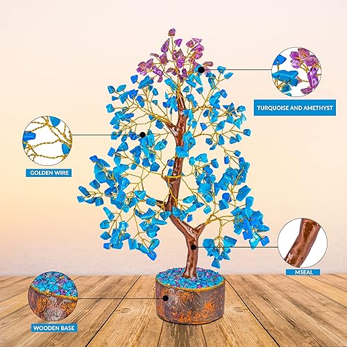 Miniatura 2 de SUBSH Árbol de dinero de piedra turquesa y amatista  Árbol de la vida  Piedras curativas energéticas  Bonsái de Feng Shui  Curación de cristal de