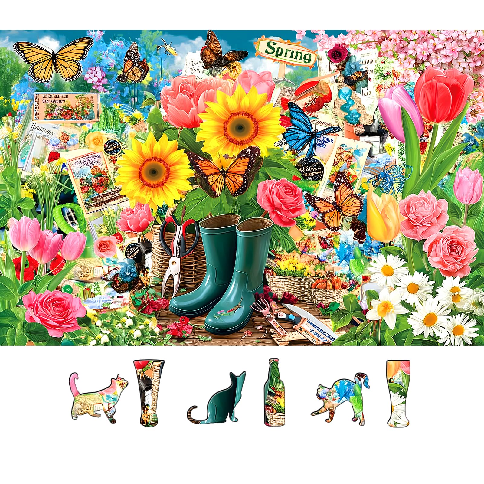 Spring Garden Butterfly 500 Piece Jigsaw Puzzle for Adults Vintage Colorful Flower Art Tulips Sunflowers Puzzle with Letters on Back Fun Family Challenging Games Gift for Seniors (23"x15")
