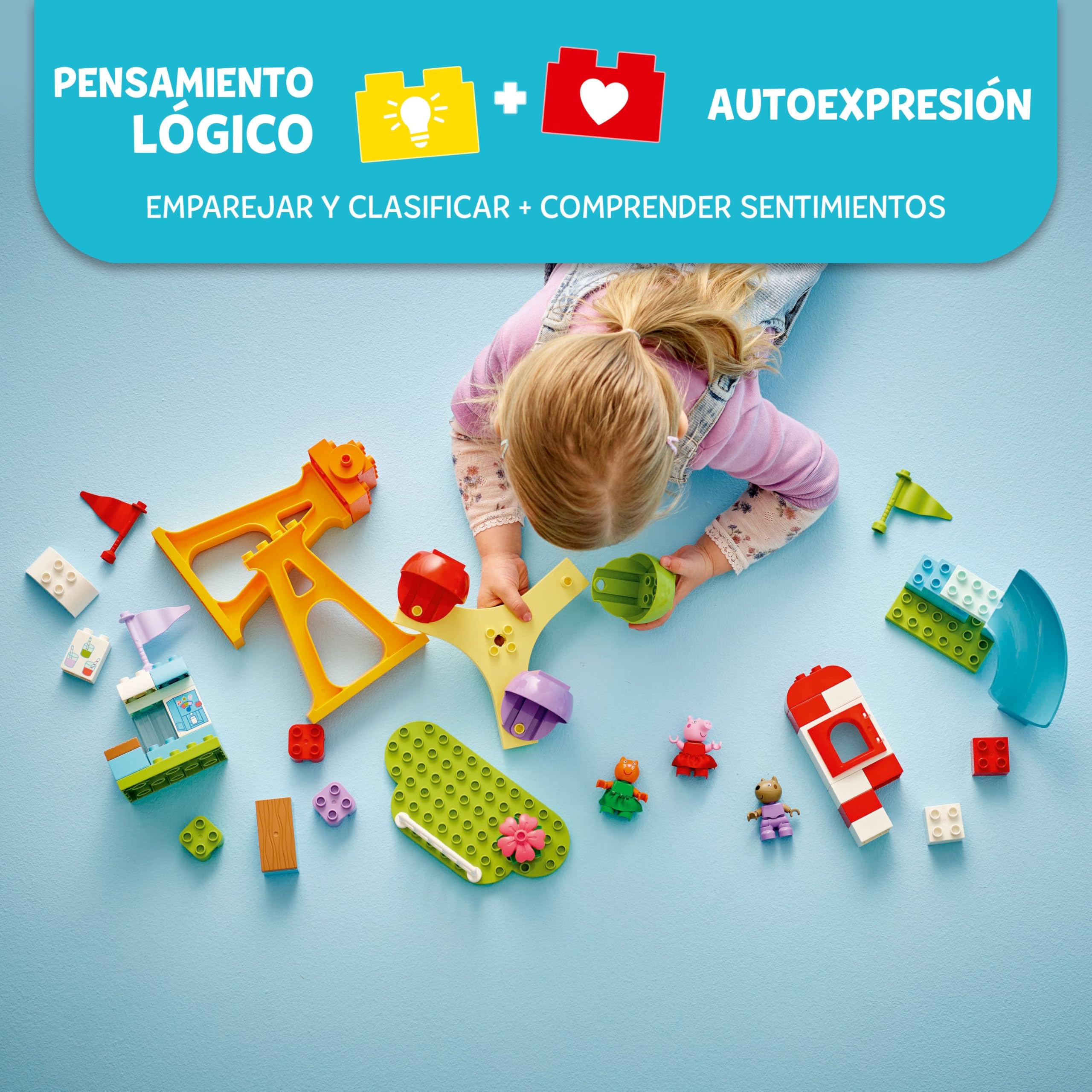 LEGO Duplo Peppa Pig Feria - Juegos para la Motricidad Fina para Niñas y Niños de 2+ Años - Parque de Atracciones con Noria y Tobogán de Juguete y 3 Figuras Inc. Danny Dog y Candy Cat 10453