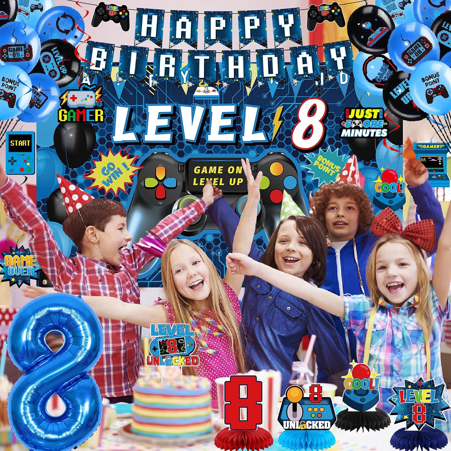 Vlipoeasn Video Game 8th Birthday Decorations for Boys, Blue Level 8 Banner Backdrop Honeycomb Centerpieces Hanging Swirls for 8th Birthday Party, Gamer 8 Years Old Party Supplies
