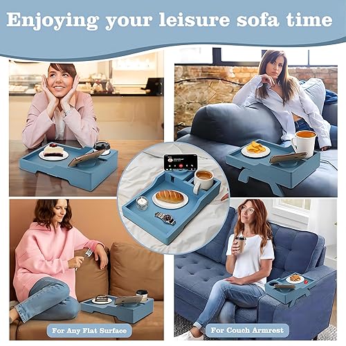 Miniatura 5 de Mesa de brazo para sofá, bandejas de TV plegables multifunción con soporte giratorio de 360 para teléfono y almohadilla, bandeja de mesa de sofá