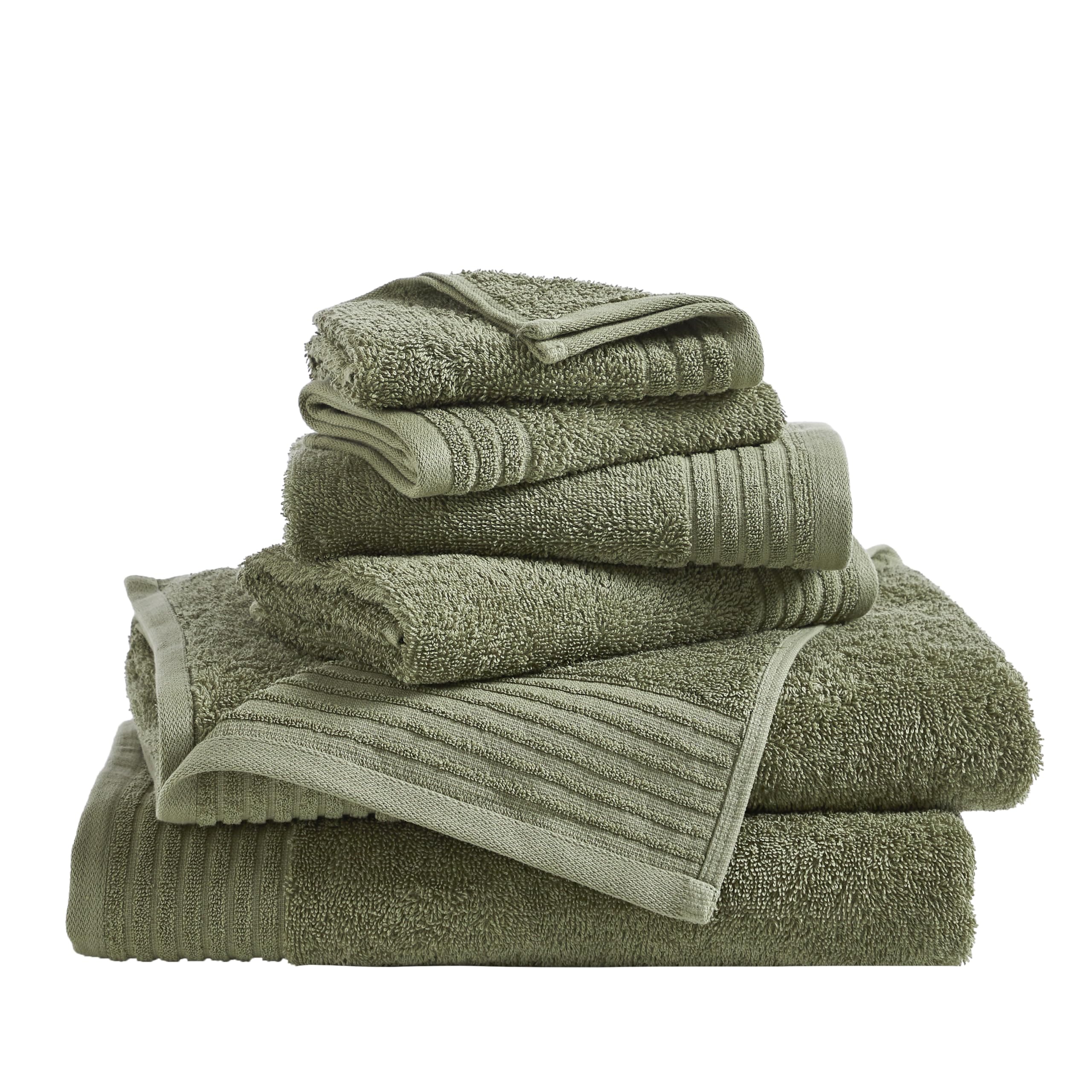 100% Cotton Quick-Dry Bath Towel Set. Green 6 Piece Towel Set, Ribbed Border Bath Towels. Soft, Durable Ringspun Cotton Towels for Bathroom, College or Apartment Essential (6 Piece Set, Olive)