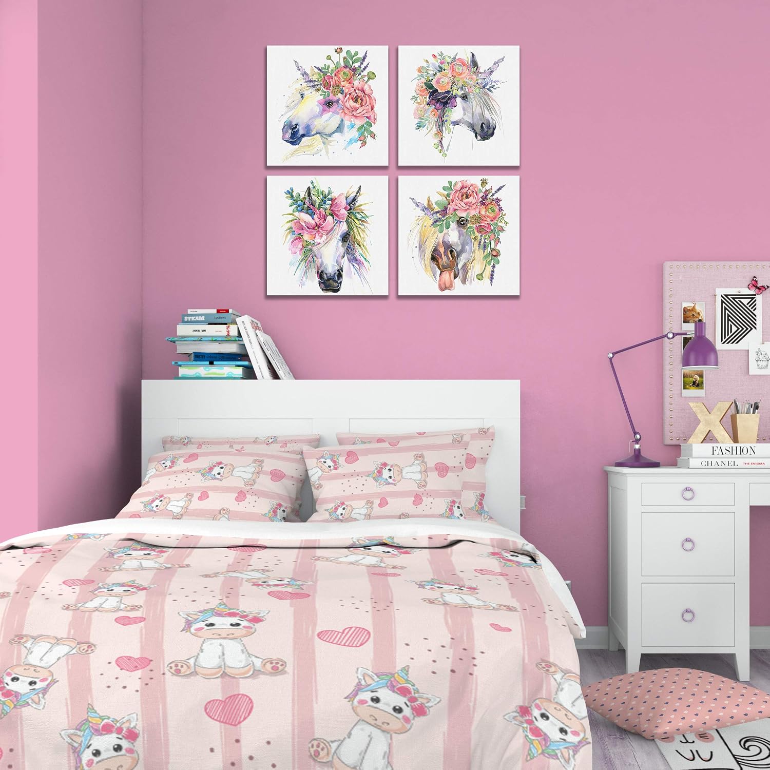 Something Unicorn - Stretched/Framed, Ready to Hang Canvas Wall Art for Girl's Bedroom. Super Cute Water Color Unicorn Prints for Teens or Girls Bedroom Decor. Set of 4. 12x12in - Floral Unicorn