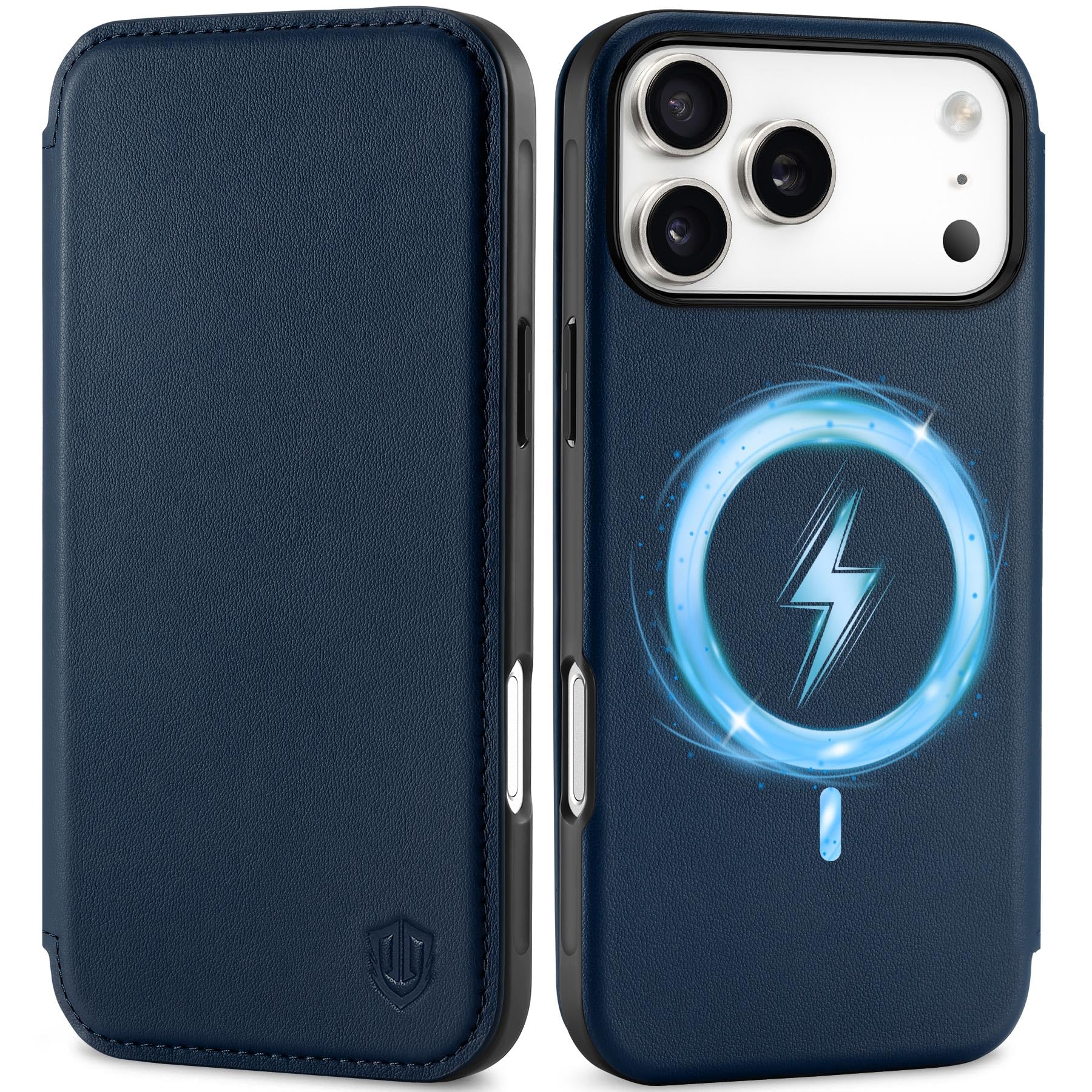 SHIELDON Funda de Cuero Genuino Tipo Cartera para iPhone 17 Pro MAX 6,9 Pulgadas 5G 2025, [Carga Inalámbrica][Bloqueo RFID] Funda de Cuero con Tapa Magnética Slim Wallet, Azul Marino