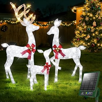 Reindeer Christmas Decor Solar Powered, 3D Metal Build | Light Up Deer Family Set Outdoor Decorations, 210 LED Lights, Waterproof, Reindeers for Yard, Lawn, Garden, White