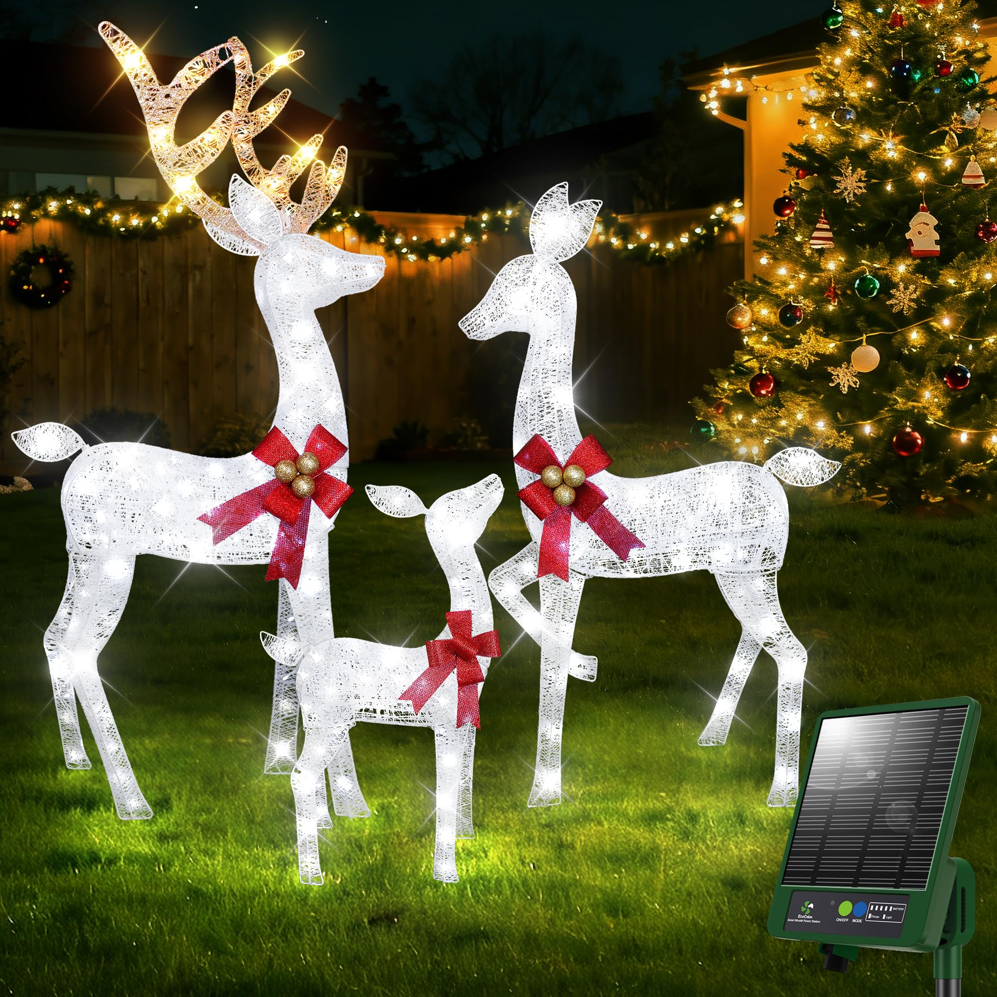 Reindeer Christmas Decor [Solar Powered], Christmas Deer Outdoor Decorations 3D Yard Decoration, Light Up Deer Family Set with 210 LED Lights (White)