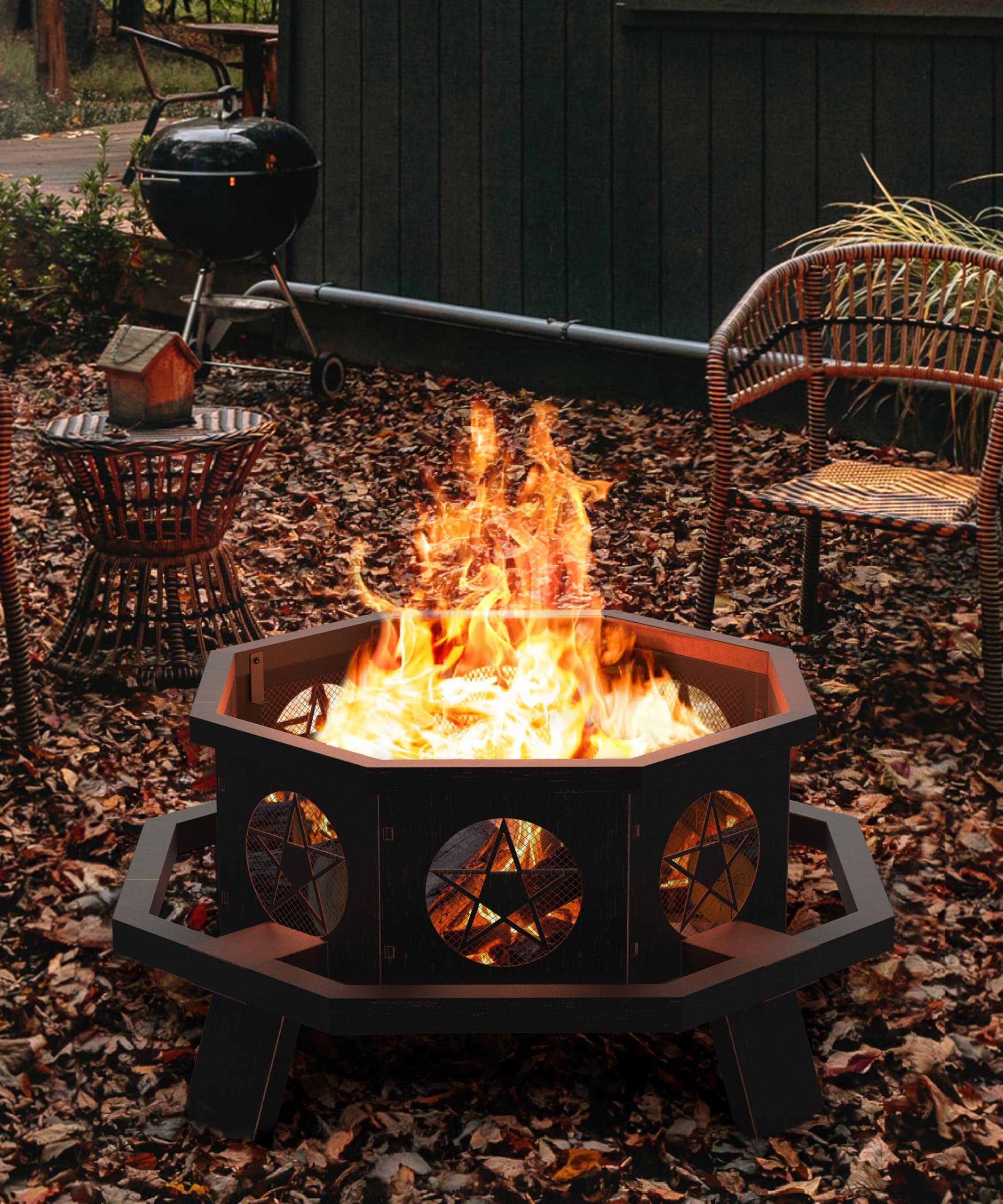 43 inch Fire Pit, Outdoor Fire Pits with Cooking Grill, Wood Burning Fire Pits for Outside, Octagonal Heavy Duty Large Firepit with Poker for Bonfire, Backyard, Camping, Bronze