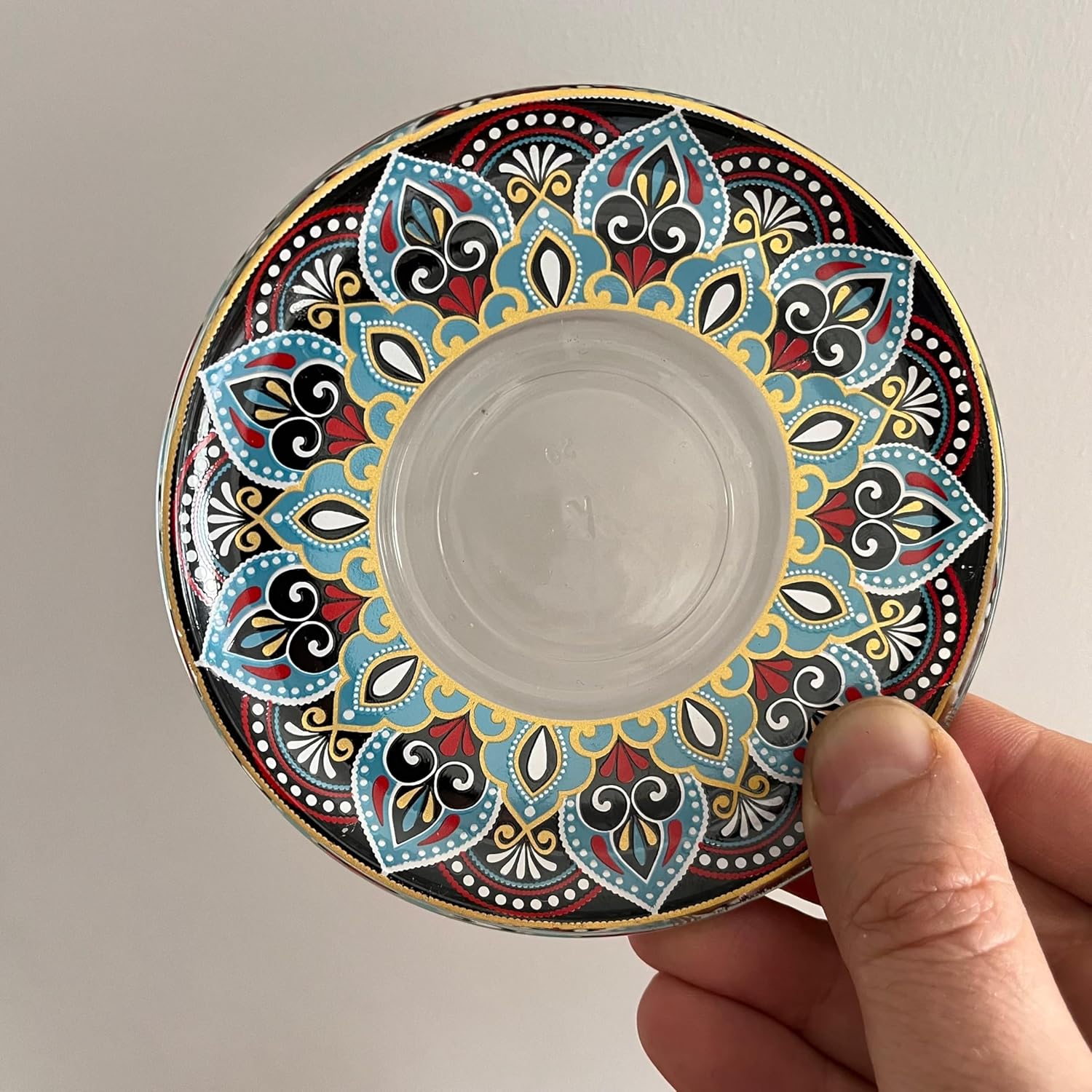 Handcrafted Turkish Tea Glass Set of 6 with Saucers and Handles – Vintage Style Decorated Glassware – Elegant Arabic, Persian, Moroccan Traditional Tea Cups for Tea Ceremony (Blue-Patterned)