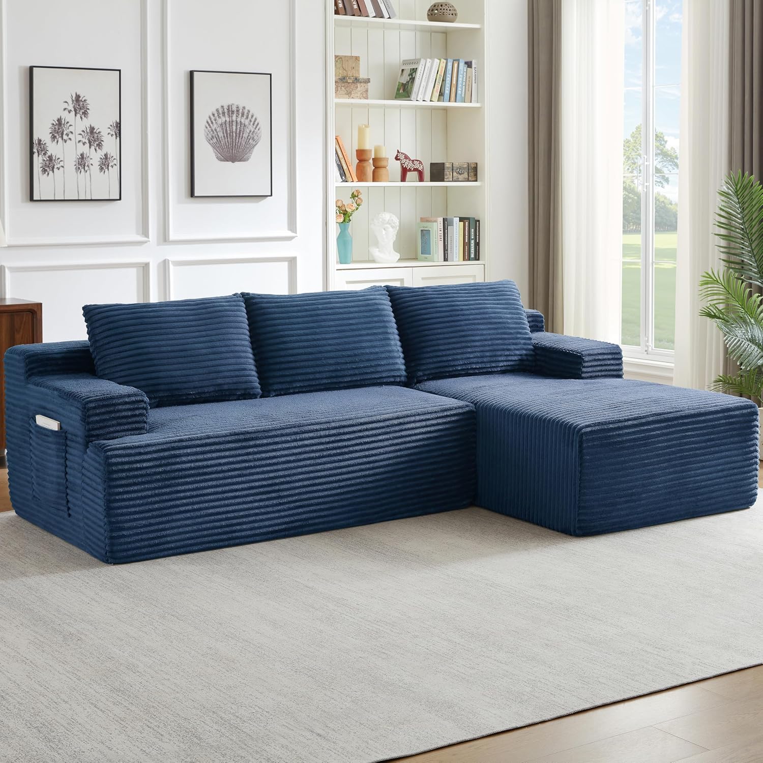 Modern Corduroy Modular Sectional Sofa,96.1" Minimalist Style L-Shaped 3 Seat Couch with Side Storage Pockets,Comfortable Chaise Lounge for Living Room,Reception Area,Blue Right Chaise Lounge