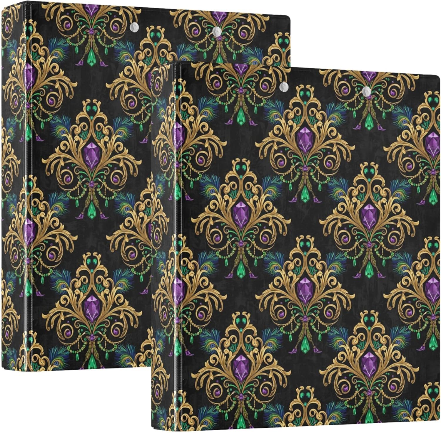 Fleur De Lis Mardi Gras 3 Ring Binders, 1.5” Round Ring Binders with Clipboard - Letter Size, 3 Interior PVC Clear Pockets & Anti-Slip Clip for Office School Supplies, 2PCS