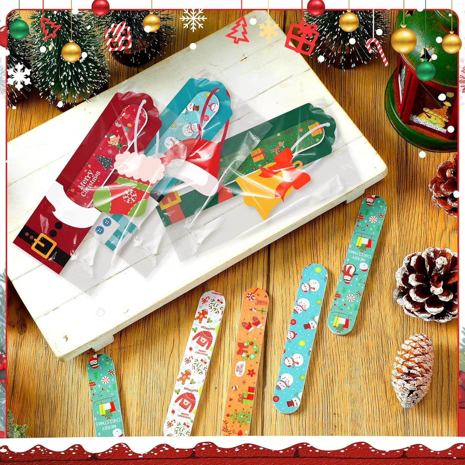 24 Sets Christmas Gift Christmas Nail File Santa Emery Boards Christmas Cutout Hat Filler Manicure Tools with 24 Emery Boards 24 Cutout 24 Ribbon and 24 Gift Bag