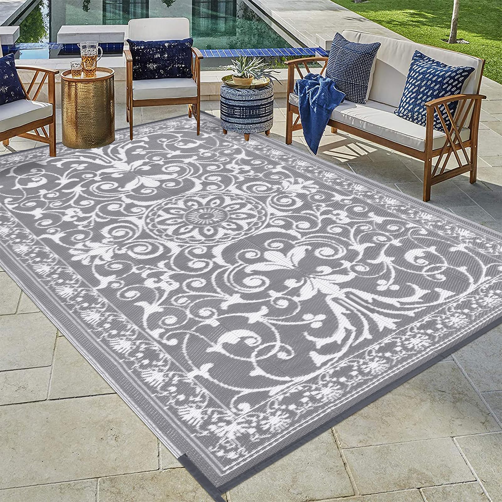 Vaukki Reversible Mat, Fade Resistant Plastic Straw Rug, Outdoor Plastic Patio Rug, Lightweight Stain Proof Carpet for Patio, RV, Camping, Beach, Deck, Backyard and Picnic (5'x8', Grey and White)