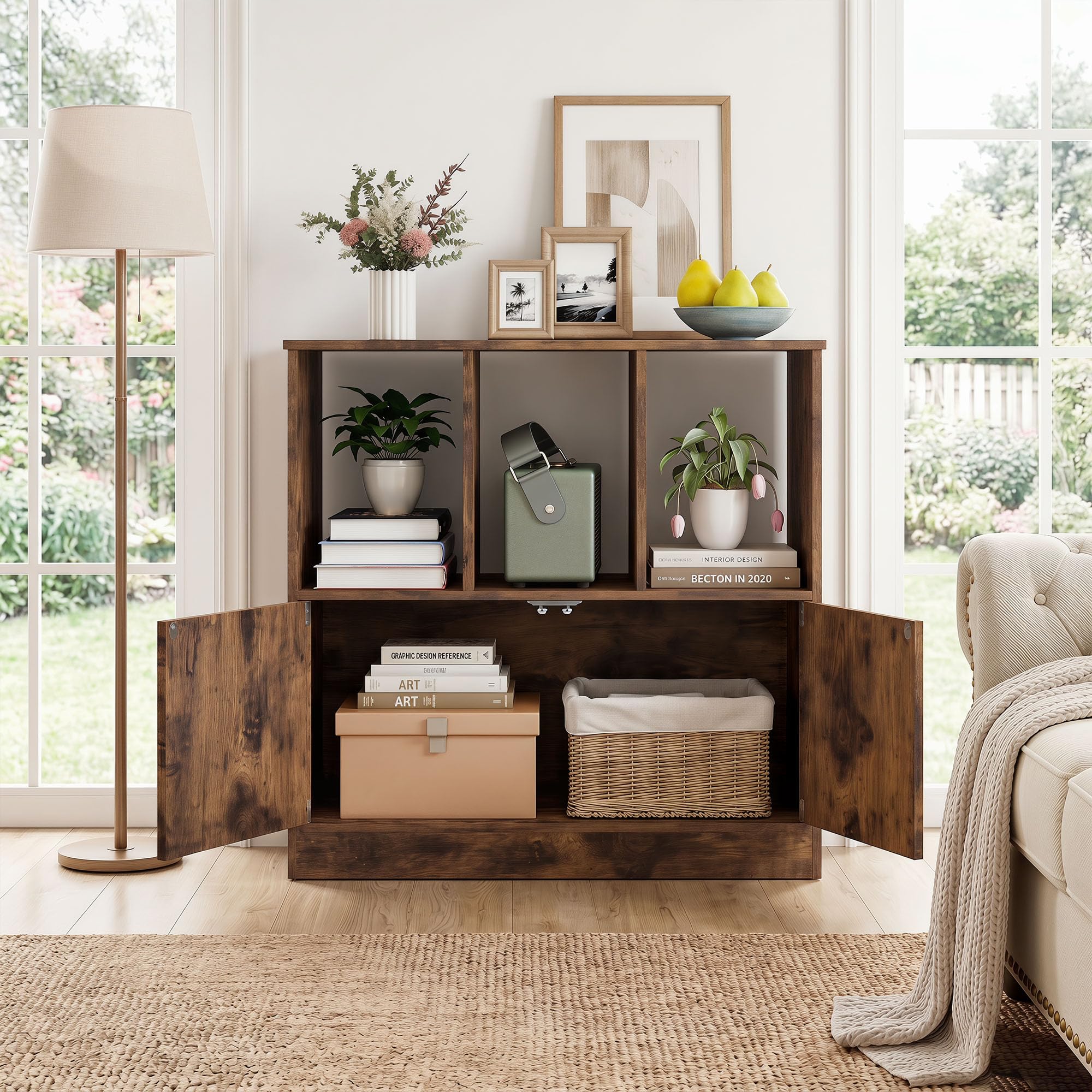 KOMFOTTEU Librería con 3 Compartimentos Abiertos, Estantería para Libros con Armario de Puertas, Mueble de Almacenamiento con Dispositivo Antivuelco para Salón, Oficina, 70 x 30 x 70 cm (Marrón)