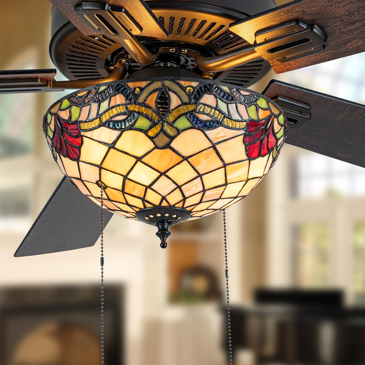RIVER OF GOODS 52" W Tiffany Stained Glass Ceiling Fan with Remote Control