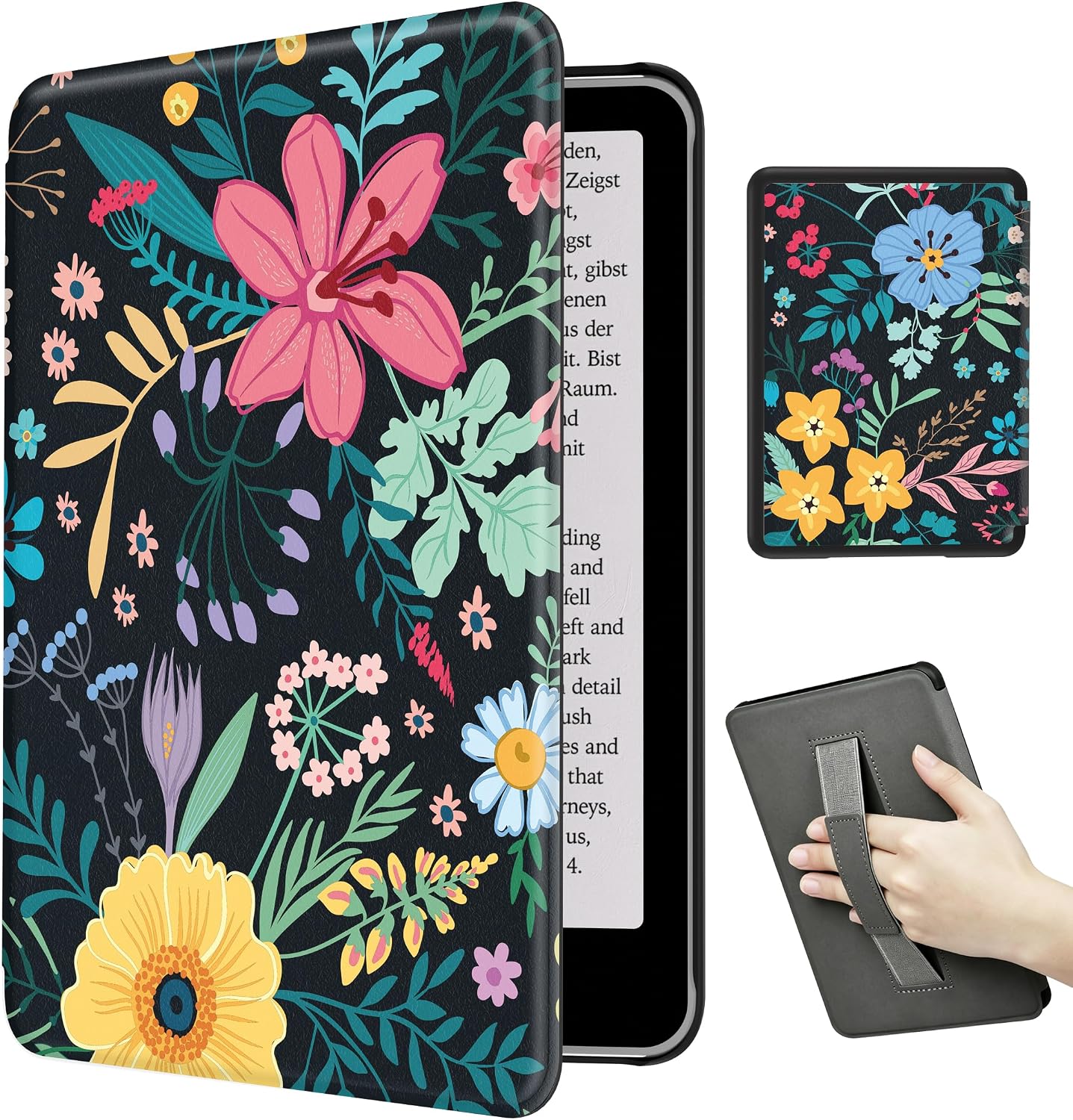Teryeefi Case for New Kindle Paperwhite 12th Gen 2024 and Kindle Colorsoft Signature Edition, Lightweight PU Leather Protective Cover with Hand Strap Function (Cute Flowers)