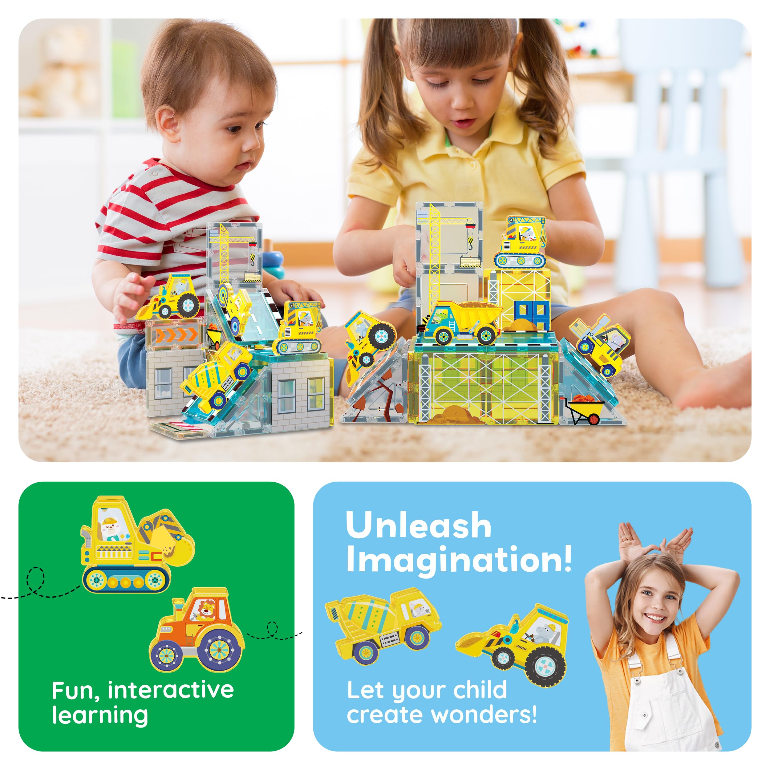 PicassoTiles Magnetfliesen-Baustein-Set mit 8 Baufahrzeugen Kurbelwagen, Bagger, Bullsdozer, Straßenwalze, Betonmischer, Traktor, Muldenkipper, Gabelstapler, Magnetspielzeug für Kinder ab 3 Jahren,