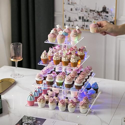 Miniatura 5 de Soporte de torre de acrílico de 4 niveles, exhibición cuadrada transparente para postres, juego de soporte para pasteles y cupcakes, decoración