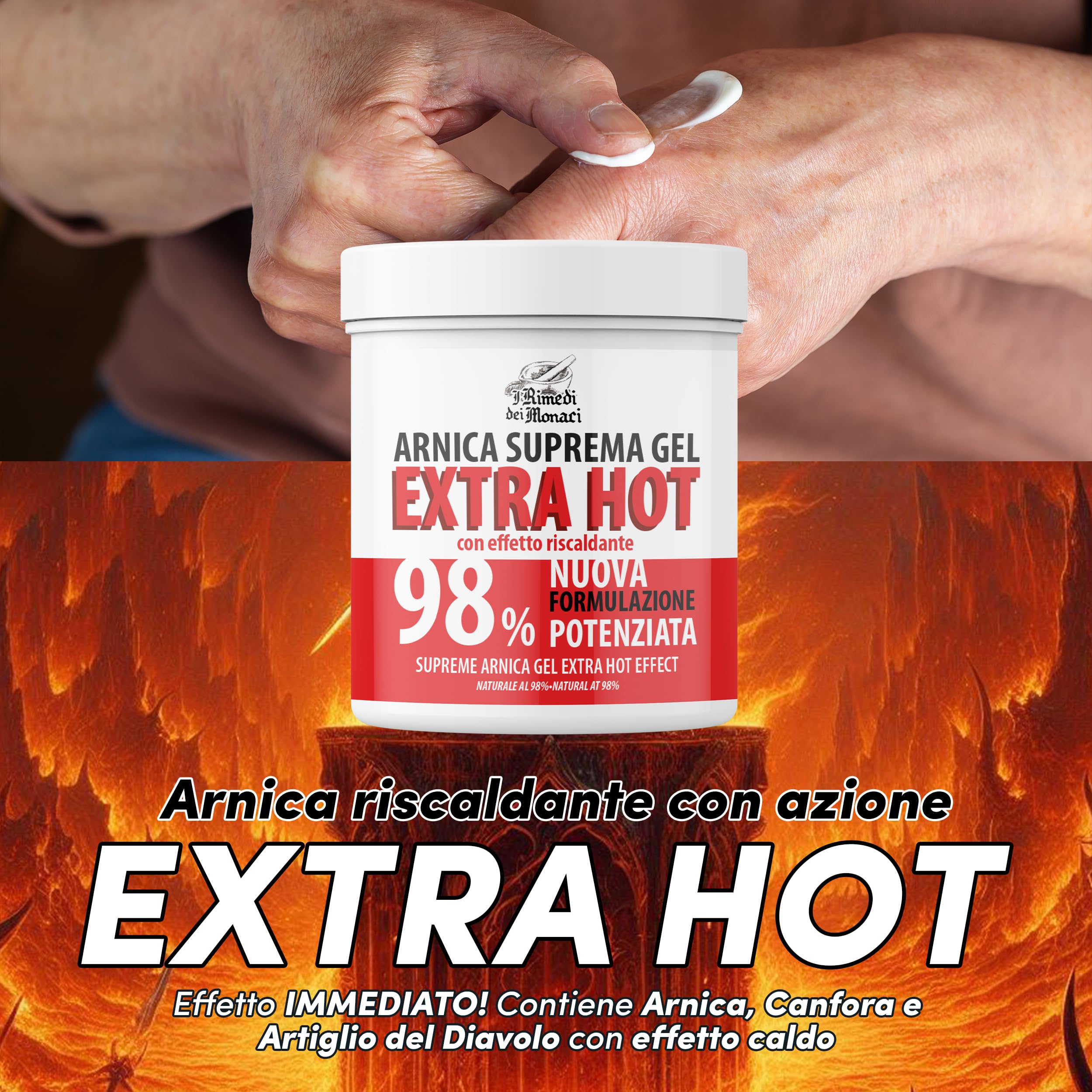 ARNICA SUPREMA GEL 98% SUPER HOT – Formula Potenziata con Arnica Montana, Artiglio del Diavolo e Canfora – Sollievo per Muscoli e Articolazioni – Crema Riscaldante, Extra Forte – 2x550ml