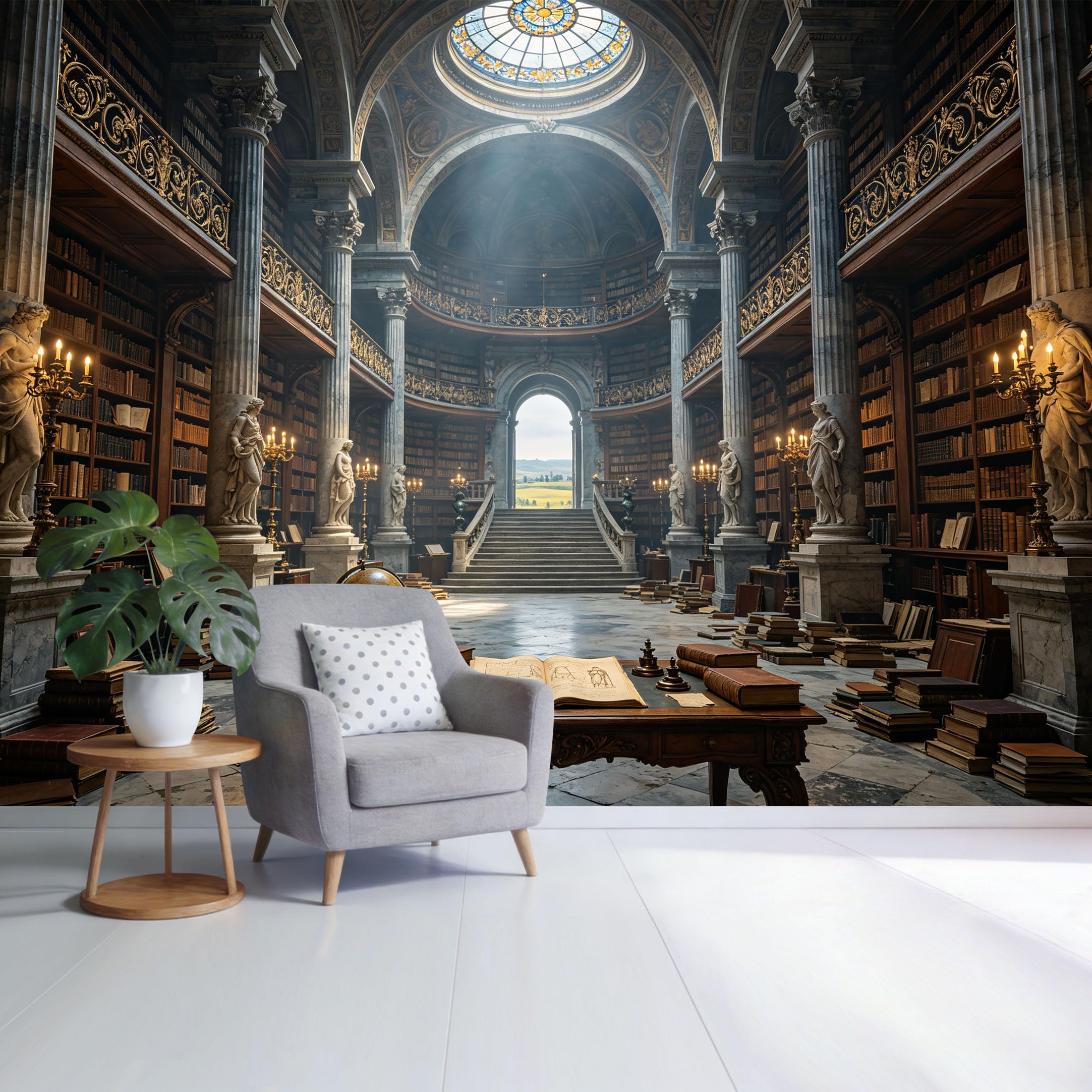 Custom Size Wall Mural Classical Library Bookshelves Interior 3D Trompe L'Oeil Perspective Removable Self Adhesive Fabric，Home Wall Decor for Living Room Bedroom Bathroom