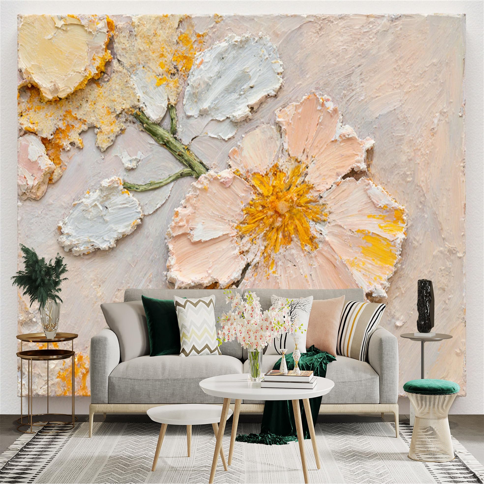 Custom Size Wall Sticker Mural， Textured Impasto Flower Painting， Cream and Gold Floral Artwork， Modern Botanical Home Decor， for wall Decoration， peelandstick wall Decals.