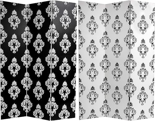 Miniatura 10 de Red Lantern Divisor de habitación de 6 paneles de lona de damasco blanco y negro de doble cara de 6 pies de alto