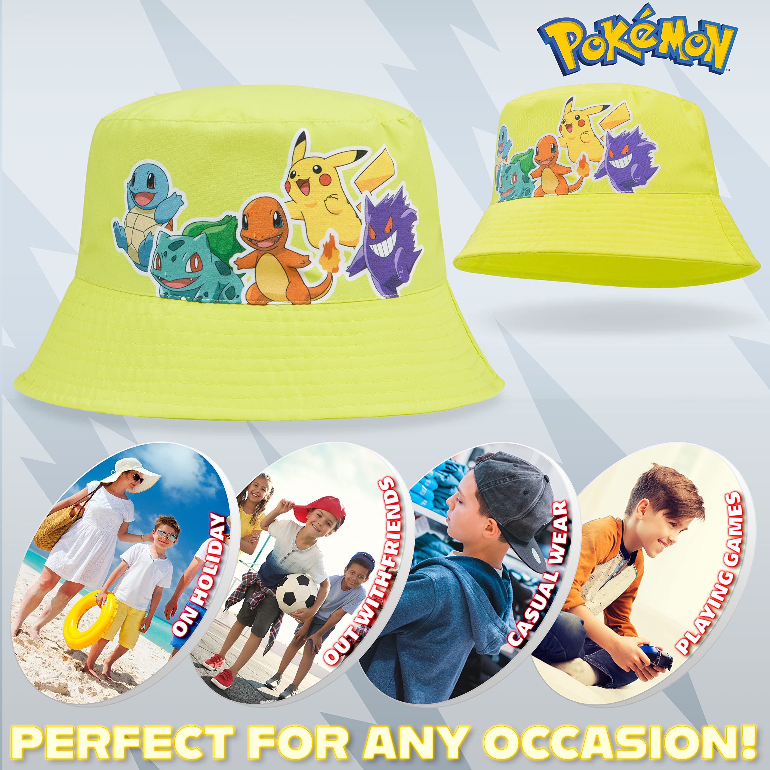 Pokémon Gorras Beisbol Snapback, Gorro Pescador Niño, Sombrero Playa, Bucket Hat, Gorros de Pescador para Niños Pikachu Merchandising Oficial